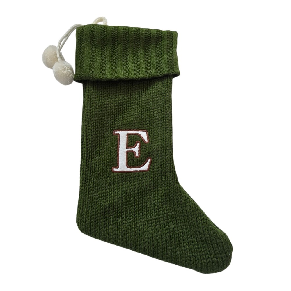 Knitted Holiday Monogram Initial Letter E Christmas Stocking Green Ivory Pom Pom